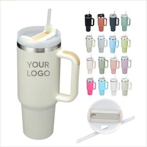 Customize H2.0 White 40oz Double Walled Stainless Steel Vacuum Travel Car Boba Coffee Mug with Handgrip and Straw - Product Image 1