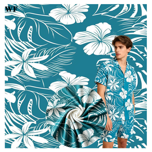 Wf Loạt Màu Xanh Polynesian Hawaii Flower In Thiết Kế In 115gsm Rayon <span class=keywords><strong>Poplin</strong></span> Vải Cho Người Đàn Ông Của Áo Sơ Mi - Product Image 1