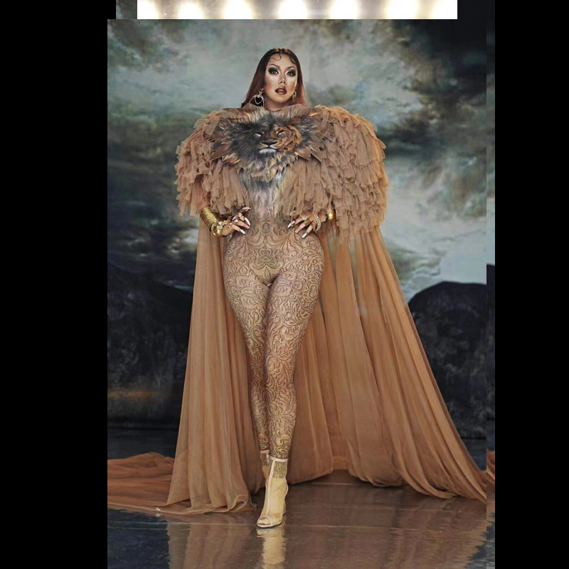 Соблазнительный костюм короля льва, боди, одежда для сценического танца, длинный хвост, для диджея, ночного клуба, вечерний наряд, платья для празднования дня рождения, Рождества