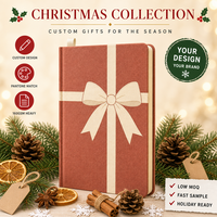 Carnet A5 personnalisé de Noël en papier cartonné rigide imprimé numériquement, avec couverture en lin, reliure cousue, ruban crème en terre cuite et nœud décoratif