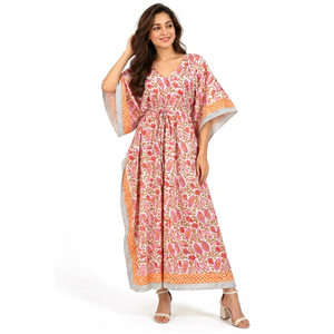 Robe Kaftan Bohème Rose Tissée pour Femme, Maxi Blanche avec Bordure Contrastante Orange, Col en V, Taille à Cordon de Serrage pour Acheteurs en Gros - Product Image 1