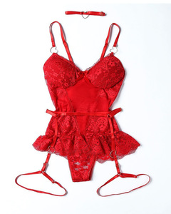 <b>Women</b> Sexy Lingerie Lace Underwear Bondage Garter Choker Straps Lace-up Lace Luxury Exotic Long Corset Red Lingerie - Product Image 5