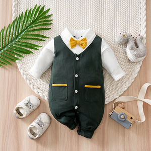 Combinaison à manches longues pour bébé nouveau-né, style gentleman à carreaux britanniques, vêtements de fête pour enfants, personnalisation d'usine - Product Image 6