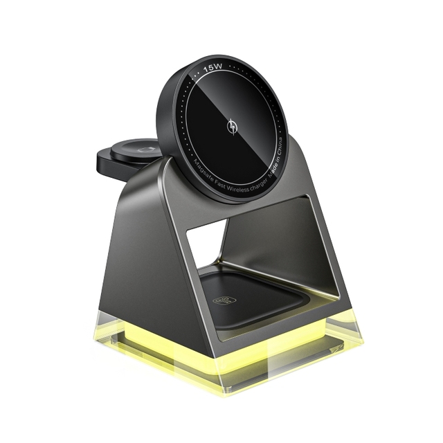 2024 Hot 3-in-1 15W PD Fast Charging Station Crystal Night Light Portable Desktop Magnetic Wireless Charger for Earphones