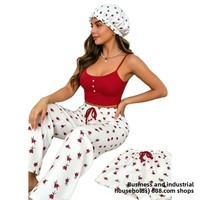 Ensemble de détente 3 pièces pour femme, imprimé dessin animé, en polyester respirant, avec pantalon long sans manches et haut, style européen-américain