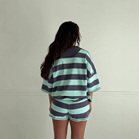 Ensemble de survêtement décontracté 2 pièces pour femme, haut à manches courtes rayé avec col demi-zip et short à taille élastique, broderie personnalisée