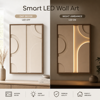 Décoration murale LED beige crème, art mural géométrique minimaliste neutre avec lumière chaude, toile texturée jaune blanc doux