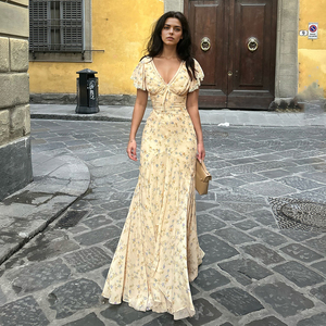 Robe longue asymétrique 2026 à col en V, manches courtes, taille cintrée, ourlet irrégulier, fente latérale, éco-responsable - Product Image 5