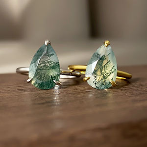 Bague de fiançailles et de mariage classique en agate mousse de luxe, sertie d'une pierre précieuse taille poire, pour femme - Product Image 1