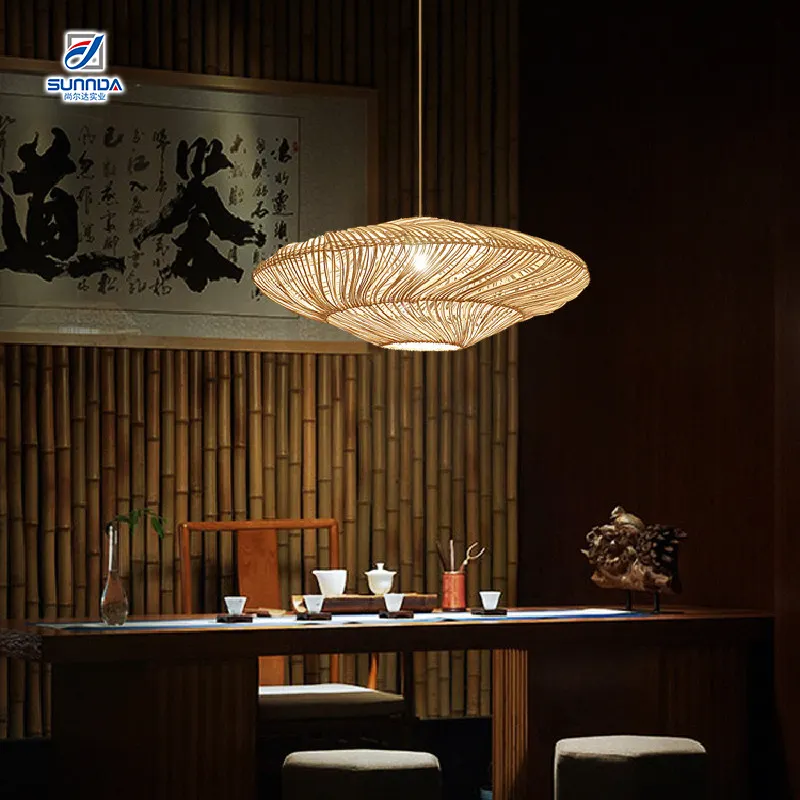 Mini lâmpada de luz para dormir, pingente de mesa de bambu tecido à mão