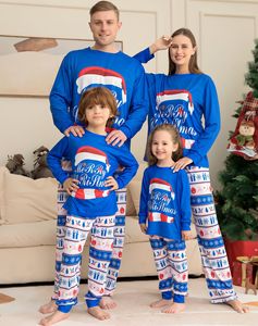 Pyjama bleu parent-enfant pour la maison, style décontracté, avec motif de chapeau de Noël et lettres imprimées, respirant, taille élastique - Product Image 6