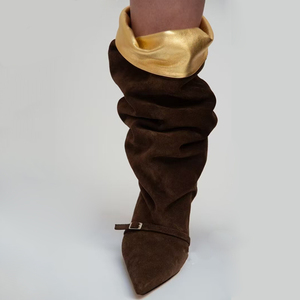 Big Size 45 Women Suede <b>Long</b> Boots Low Heels Pointed Toe Front Buckle Knee High Booties Pleated Loose Upper on Shoes - Product Image 1