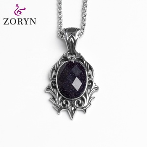 Colliers pendentifs personnalisés en acier inoxydable, motif vintage, pierre de grès bleue, bijoux de mode gothique punk en acier titane pour hommes - Product Image 1