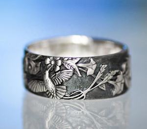 제조 고품질 빈티지 블랙 골동품 산화 925 스털링 실버 꽃 밴드 결혼 반지 - Product Image 2