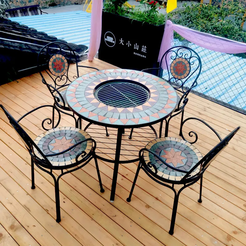 Nordic Style Mosaik Outdoor Barbecue Tisch Stuhl-Set Gartenausstattung Villa Outdoor Hof retro Mehrzweck-Barbecue-Tisch