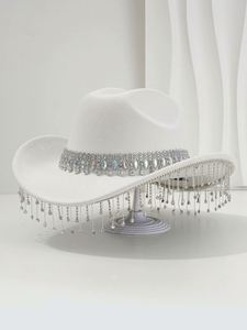 Sombrero vaquero de fieltro para mujer con borla grande de gemas redondas y diamantes de imitación, ideal para fiestas nupciales - Product Image 6