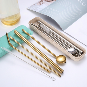 Reusable <b>Metal</b> Drinking <b>Straws</b> Set 5Pcs Minimalist Bar Accessories Gold Tone with Spoon and Cleaning Brush - Product Image 1