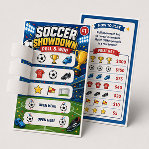 บัตรเกมดึงรางวัลฟุตบอลพรีเมียม แบบกำหนดเอง 1 3 5 แถว พร้อมแถบปิดผนึกอย่างปลอดภัย สำหรับการระดมทุนและกิจกรรมต่างๆ - Product Image 1