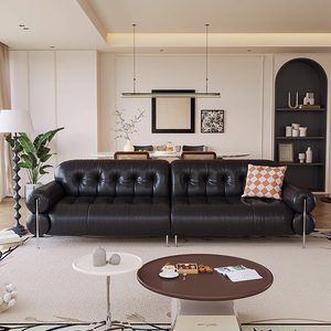 Canapé en cuir véritable de style rétro français du milieu du siècle, à pieds hauts, forme nuage caramel, design droit, <span class=keywords><strong>grand</strong></span> format pour salon à aménagement ouvert - Product Image 2