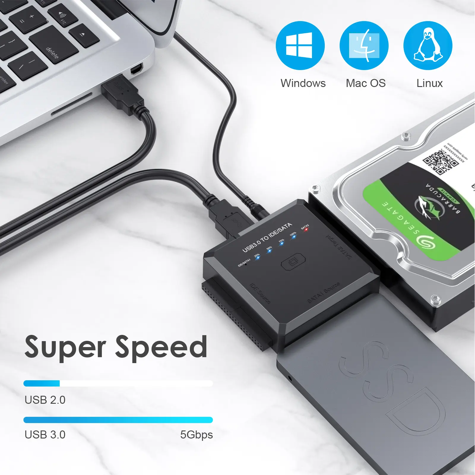 USB 3.0 to IDE and SATA Converter External Hard Drive Adapter One Touch Backup Function