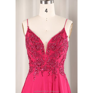 Robe de soirée moderne en tulle à sequins roses frais et <span class=keywords><strong>sexy</strong></span> Robe de soirée longue avec sangle spaghetti fente profonde en V et robes de demoiselle d'honneur rouge rose - Product Image 4