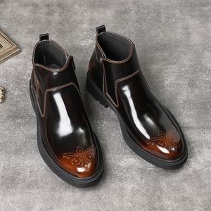 Botas de cuero para hombre Brook Embossed English Chelsea con cremalleras, botas cortas de cuero brillante, botas cálidas para invierno. - Product Image 2