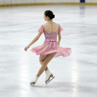 Robe de patinage artistique rose à manches volantées, en tissu maillé avec strass pour enfants et adultes, pour compétitions et spectacles sur glace