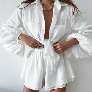 2022 Cotton Linen Women's Long Sleeve Top Ruffle Shorts Soild Two Piece Set Casual Fashion White Set