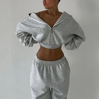 Ensemble de survêtement pour femmes OEM personnalisé, haut court, entraînement décontracté, ensemble deux pièces vierge, vêtements pour femmes, ensemble sweat à capuche zippé et jogger