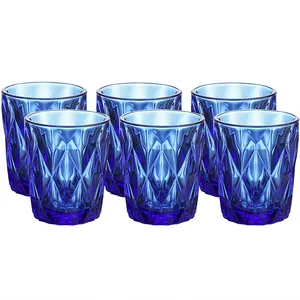 9oz 270ml renkli cam Drinkware su bardağı kobalt mavi elmas desen 6 Set