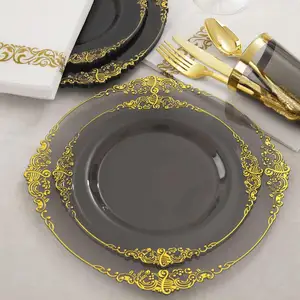 Conjunto de pratos de plástico premium para jantar, pratos luxuosos transparentes de ouro rosa com borda de renda, pratos descartáveis para casamento