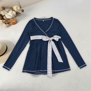 Haut décontracté à manches longues pour femme, col en V croisé, avec nœud papillon et surpiqûres inversées, adapté à l'automne et à l'hiver, vente en gros - Product Image 6