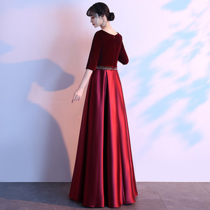 Women's Long Dress Burgundy V Neck Satin Evening Gown Stage Performance Costume For Hostess Choir Group - Product Image 3