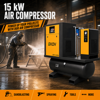 Compresseur d'air à vis tout-en-un 15 kW avec sécheur et réservoir, stationnaire 4-en-1, capacité d'air de 2,1 m³/min pour atelier