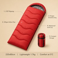 Sac de couchage enveloppant 220x80cm en polyester Ripstop 190T 300gsm, fibre creuse, 1,6kg, imperméable, 5 degrés, facile à nettoyer