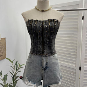 Peeqi 8901 Top in Denim Vintage da Donna con Corsetto, Cerniere, Rivetti, Lavaggio Effetto Patchwork, Senza Spalline, Sexy <span class=keywords><strong>Crop</strong></span> Top in <span class=keywords><strong>Jeans</strong></span> - Product Image 5