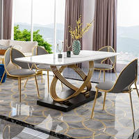 Table à manger rectangulaire moderne de luxe avec plateau en marbre et pieds en acier inoxydable, durable, écologique, personnalisable pour la maison