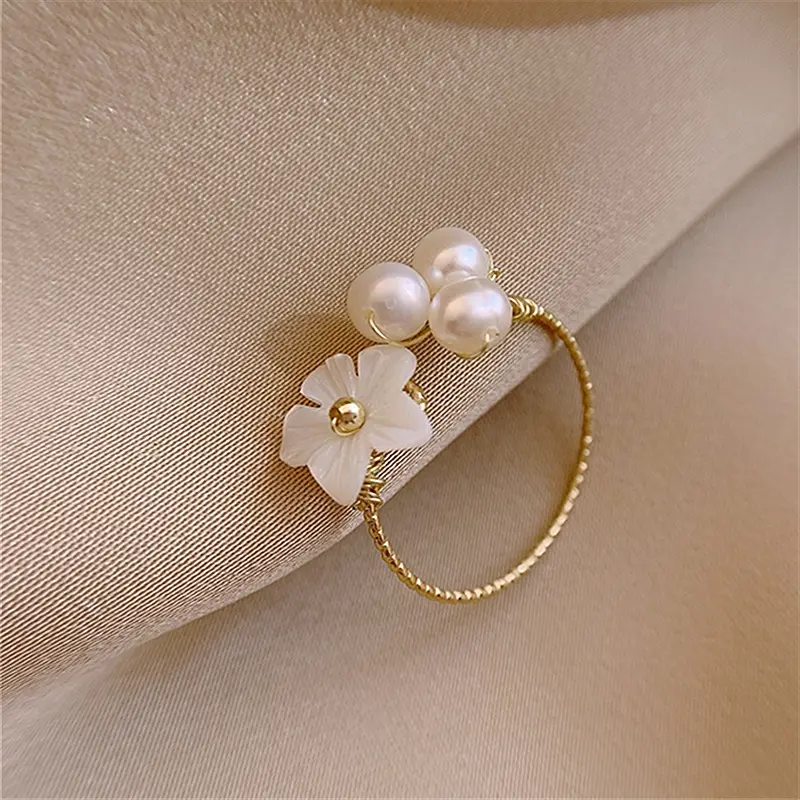 High Quality Real Gold Plated Pearl Flower Ring French Retro Baroque Style Open Pearl Ring For Women
