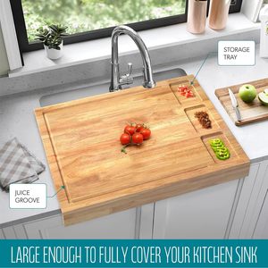 Tabla de Cortar de Madera Maciza de 82x60 cm, Rectangular, Multifuncional, con Cubierta para Fregadero de Cocina y Bandeja de Drenaje - Product Image 3