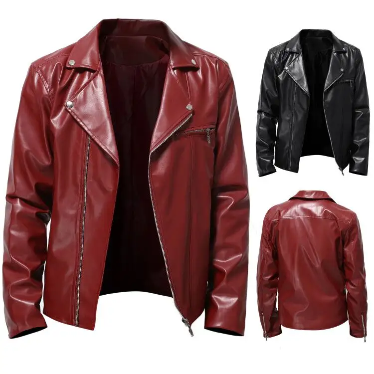 Leather jacket lapel PU Leather Men's short casual men's bicycle leather jacket carat chain slim men's Motorcycle Jacket