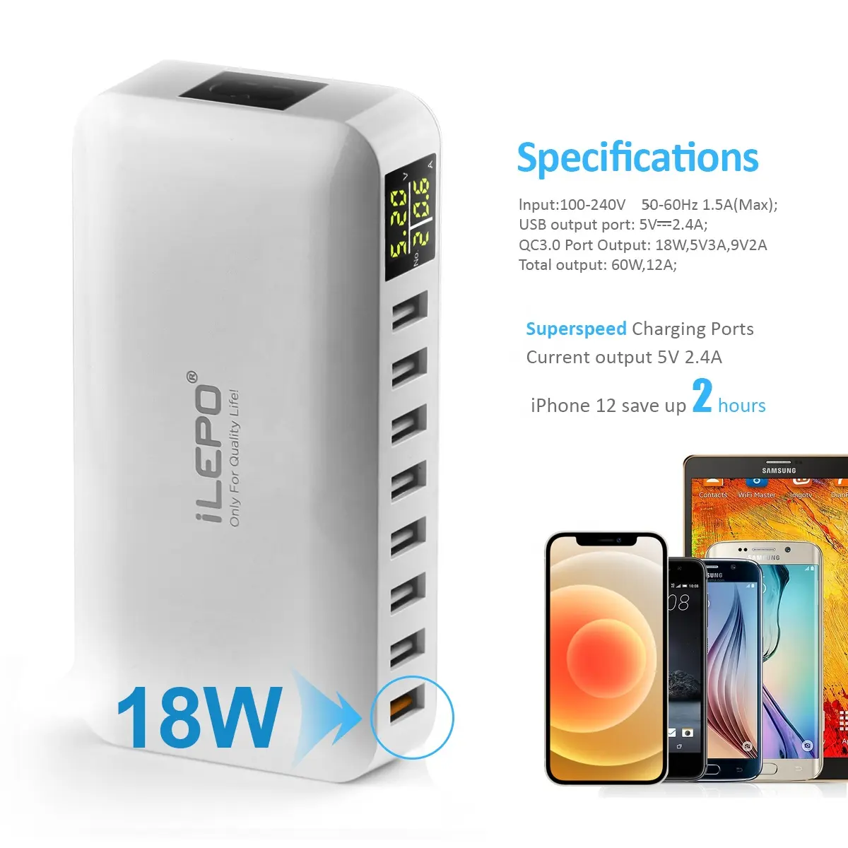 60W ilepo i6 CE FCC Rohs PSE multiple charging station type c multifunction usb fast wall mobile portable phone chargers