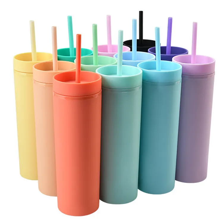 Nhiều Màu Bán Buôn Skinny Straight Cups 16Oz Nhựa Matte Acrylic Tumblers Với Nắp Và Rơm