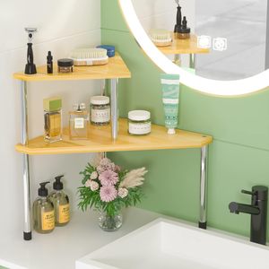 Organisateur de salle de bain, étagère d'angle de comptoir à 2 niveaux, organisateur de salle de bain en bambou, étagère à épices, organisateur de comptoir de <span class=keywords><strong>cuisine</strong></span> - Product Image 2