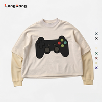 Sweat-shirt court à manches longues superposé 2-en-1 pour homme, imprimé manette de jeu, style streetwear décontracté pour gamers, 100 % coton