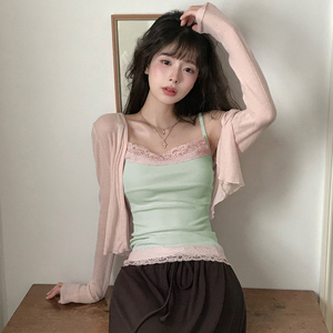 Sweet Mint Green Breathable Eco-Friendly <b>Patchwork</b> Lace Trim Sleeveless Knit Backless Sexy Women's Spaghetti Strap Cami <b>Top</b> - Product Image 2
