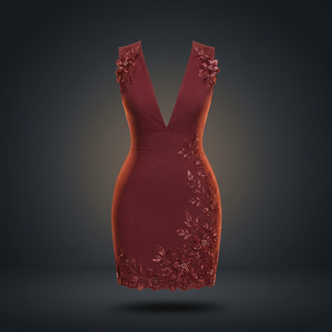 Robe de soirée sans manches bordeaux, col en V, mini, moulante, robe de fête, applique florale 3D, respirante, tenue de cocktail - Product Image 2