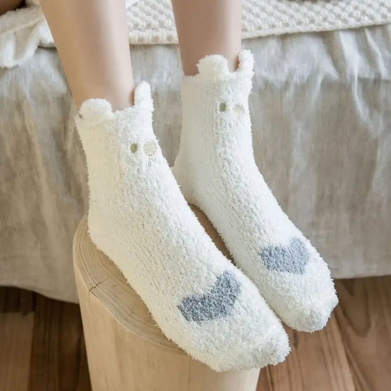 Winter Velvet Thermal Mid Women Cat Ears Socks Girls Cute Indoor Floor Socks Coral Fleece Socks