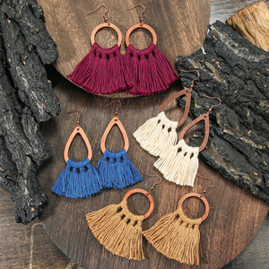 Bohemian Wood Tassel <b>Drop</b> Earrings Geometric Shape Antique <b>Bronze</b> Plated Women's Party Fashion Jewelry - Product Image 1