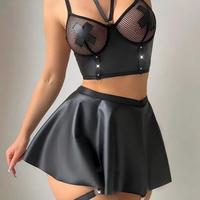 Ensemble de Lingerie Sexy en Similicuir pour Femme, Soutien-Gorge Court à Bretelles en Dentelle et Jupe Taille Haute, Deux Pièces, Costume de Jeu de Rôle, Vente en Gros, Personnalisation OEM
