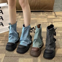 Bottes en jean patchwork pour femme avec revers cousus, collection automne 2026, talon épais, style décontracté, pour l'automne post-apocalyptique